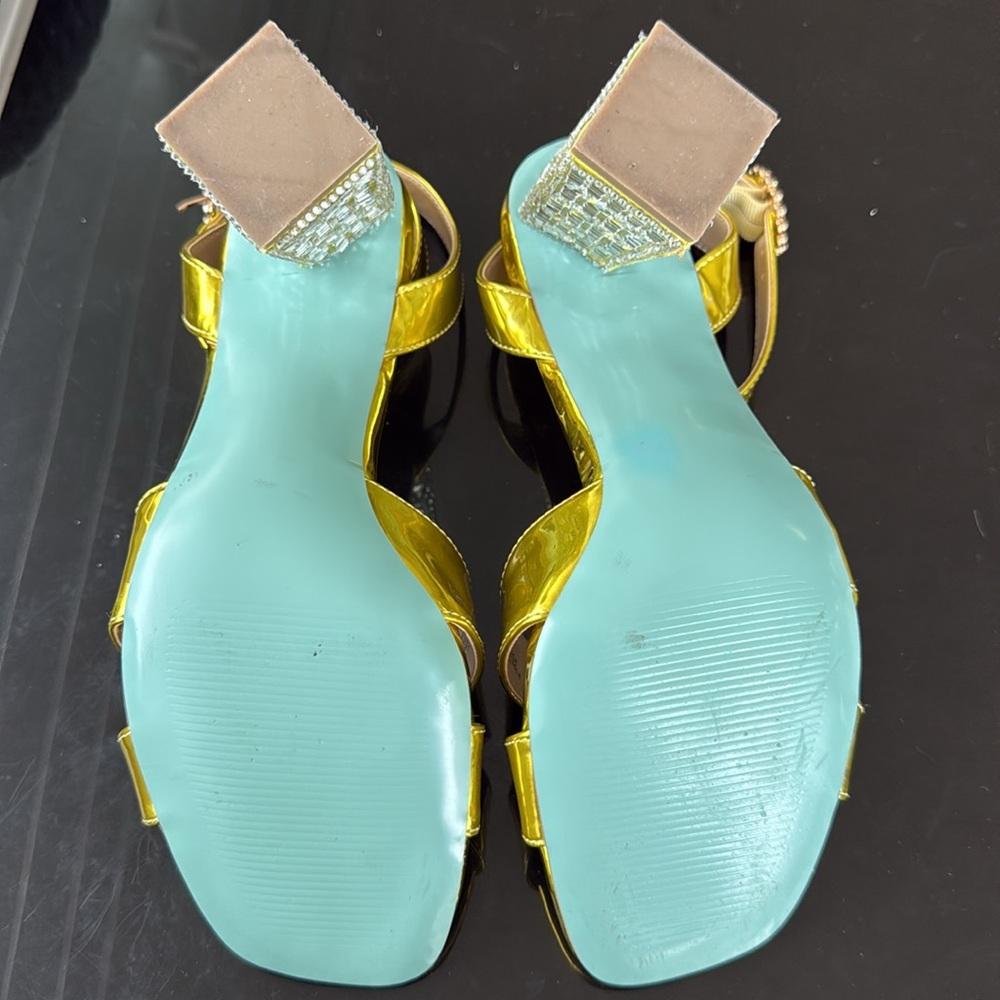 Betsey Johnson SB-Bell Yellow Gold Metallic Crystal Embellished Heel Sandals 8.5 - Picture 8 of 11